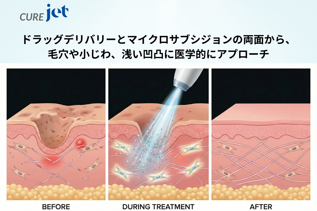 キュアジェットはドラッグデリバリーとマイクロサブシジョンの両面から、毛穴や小じわ、浅い凹凸に医学的にアプローチ