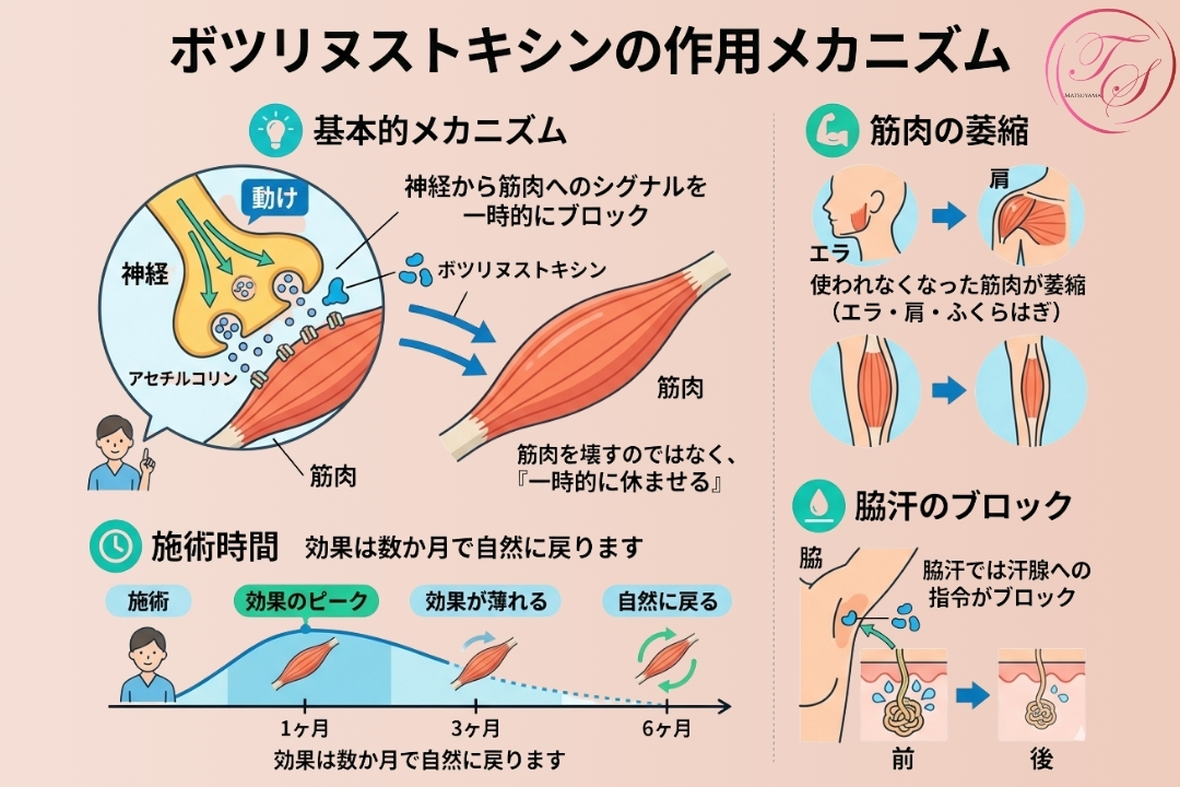 ボツリヌストキシン（ボトックス）の作用メカニズムを解説した図。神経から筋肉への信号をブロックして筋肉の動きを抑え、小顔（エラ）・肩こり・ふくらはぎ痩せ・脇汗（多汗症）に効果があり、数か月で元に戻る流れを示すインフォグラフィック（トータルスキンクリニック 天神大名院、松山院）