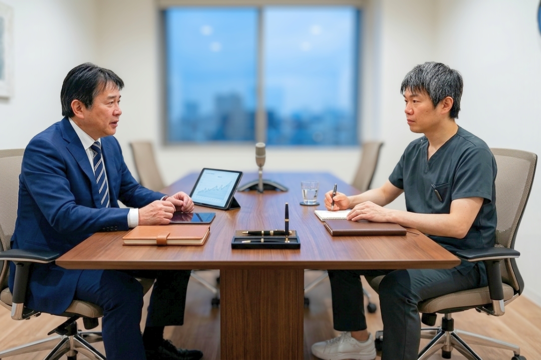 トータルスキンクリニック分山院長がインタビューを受けている様子(トータルスキンクリニック福岡天神大名。松山。)