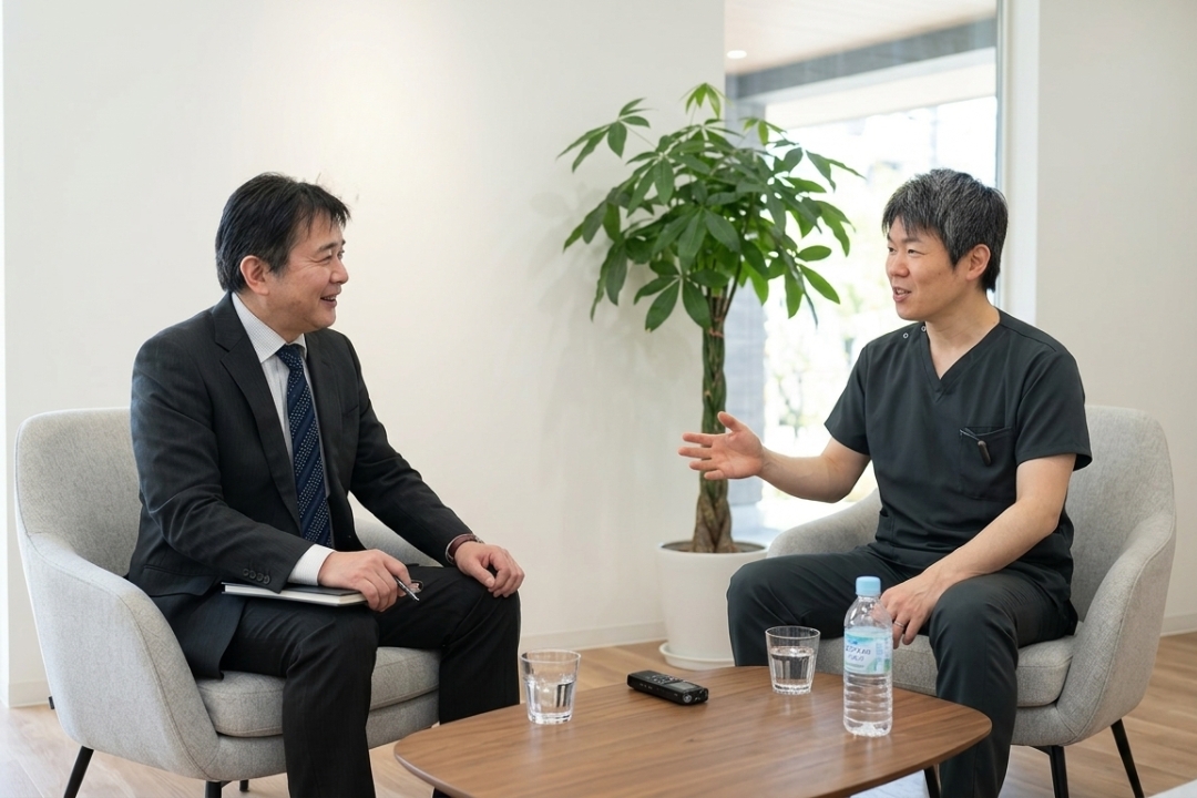 トータルスキンクリニック分山院長がインタビューを受けている様子(トータルスキンクリニック福岡天神大名。松山。)