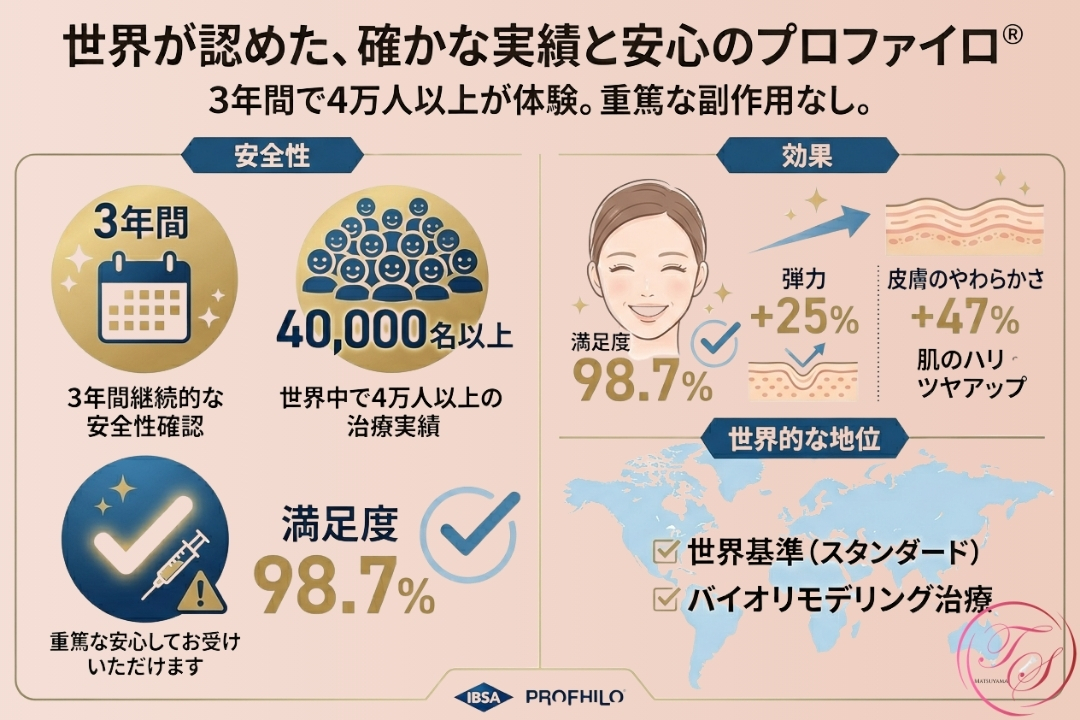 世界が認めた、確かな実績と安心のプロファイロ®（PROFHILO）を紹介するインフォグラフィック。3年間で4万人以上の治療実績があり、重篤な副作用の報告はないことを示している。また、臨床試験の結果として、満足度98.7%、弾力+25%、皮膚のやわらかさ+47%、肌のハリ・ツヤアップの効果があること、そして世界基準のバイオリモデリング治療であることを伝えている。

（トータルスキンクリニック 松山院）
