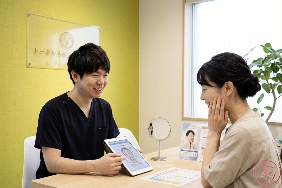 医療法人茜会 理事長／美容皮膚科 トータルスキンクリニック院長（松山院）分山 博文（わけやま ひろふみ）がカウンセリングをしている様子のイメージ（トータルスキンクリニック 福岡天神院、松山院）