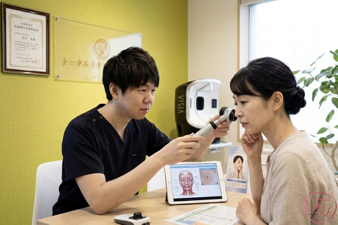 医療法人茜会 理事長／美容皮膚科 トータルスキンクリニック院長（松山院）分山 博文（わけやま ひろふみ）がカウンセリングをしている様子のイメージ（トータルスキンクリニック 福岡天神院、松山院）