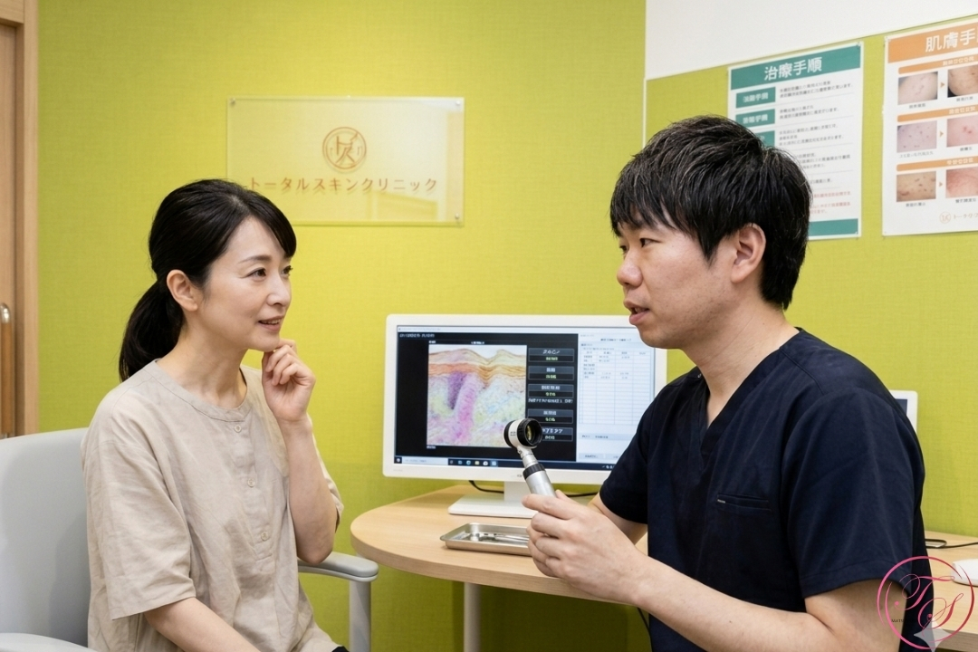 医療法人茜会 理事長／美容皮膚科 トータルスキンクリニック院長（松山院）分山 博文（わけやま ひろふみ）がカウンセリングをしている様子のイメージ（トータルスキンクリニック 福岡天神院、松山院）