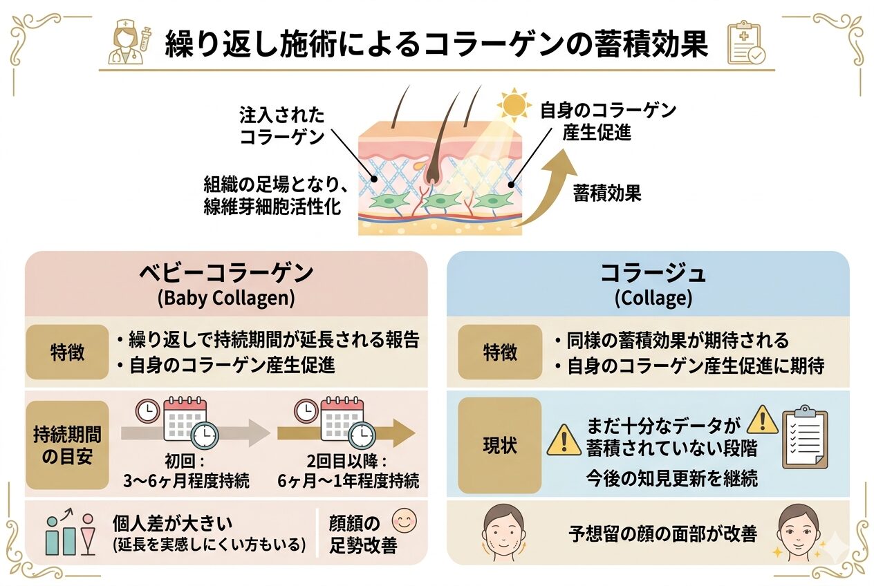 「繰り返し施術によるコラーゲンの蓄積効果」と題した日本語のインフォグラフィック。
上部の図では、注入されたコラーゲンが皮膚組織の足場となり、線維芽細胞を活性化、自己コラーゲンの産生を促進して「蓄積効果」を生み出す仕組みが、皮膚断面図と矢印で説明されています。
下部では2つの製品が比較されています。
左側の「ベビーコラーゲン」は、特徴として「繰り返しで持続期間が延長される報告」と「自身のコラーゲン産生促進」が挙げられ、持続期間の目安が「初回：3〜6ヶ月程度」から「2回目以降：6ヶ月〜1年程度」へ延びることが示されています。個人差があるとの注意書きがあります。
右側の「コラージュ」は、特徴として「同様の蓄積効果が期待される」が挙げられていますが、現状は「まだ十分なデータが蓄積されていない段階」であり、今後の知見更新を継続するとされています。（トータルスキンクリニック 福岡天神院）
