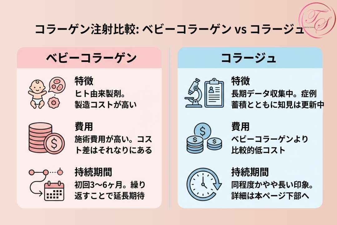 ベビーコラーゲンとコラージュのコラーゲン注射比較図。ヒト由来成分の特徴、施術費用、効果持続期間の違いを対比。ベビーコラーゲンは高コストで初回持続3～6ヶ月、コラージュは比較的低コストで同程度かやや長い持続が期待。具体的な料金はページ下部を参照。（トータルスキンクリニック 福岡天神院）