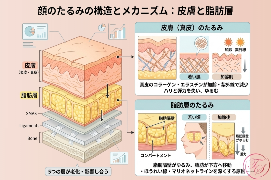 顔のたるみの原因と層構造のインフォグラフィック。真皮のハリ不足、脂肪隔壁のゆるみによる脂肪の下垂、ほうれい線の深化など、皮膚と脂肪層の老化メカニズムを詳しく説明。（トータルスキンクリニック 福岡天神院）