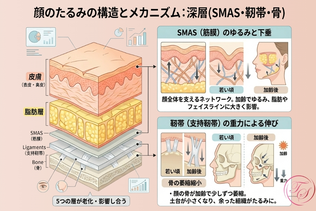 顔のたるみの原因：深層構造（SMAS筋膜・靭帯・骨）の老化。リガメントの緩みや骨の減少が土台を小さくし、組織が重力で下がるメカニズムを解説した美容クリニック向けインフォグラフィック。（トータルスキンクリニック 福岡天神院）