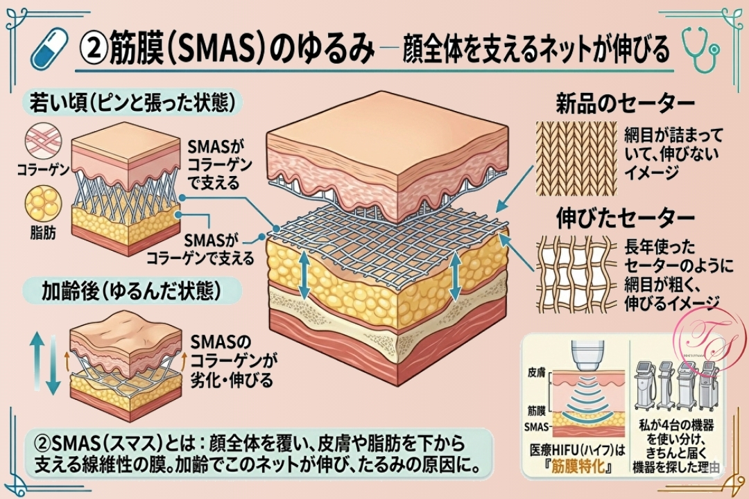 顔全体を支える「SMAS筋膜」のゆるみとたるみの関係。コラーゲン線維の劣化を「伸びたセーター」に例えて解説。医療HIFU（ハイフ）がターゲットとする筋膜層の重要性と、フェイスラインがもたつく原因を視覚化。（トータルスキンクリニック 福岡天神院）