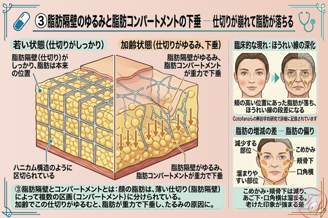 顔の脂肪コンパートメント（区画）と脂肪隔壁のゆるみによる下垂のメカニズム。頬の高い位置にある脂肪が、仕切りの弱まりによって下方へ移動し、ほうれい線やマリオネットラインを深くする過程を専門的に図解。（トータルスキンクリニック 福岡天神院）