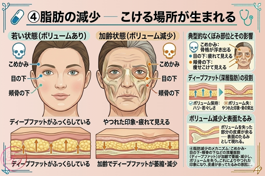 加齢による顔の脂肪減少（ボリュームロス）と「こけ」の原因。こめかみや目の下、頬骨下の深層脂肪（ディープファット）が減少することで、顔がやつれて見え、余った皮膚が表面のたるみとして現れる仕組みを解説。（トータルスキンクリニック 福岡天神院）