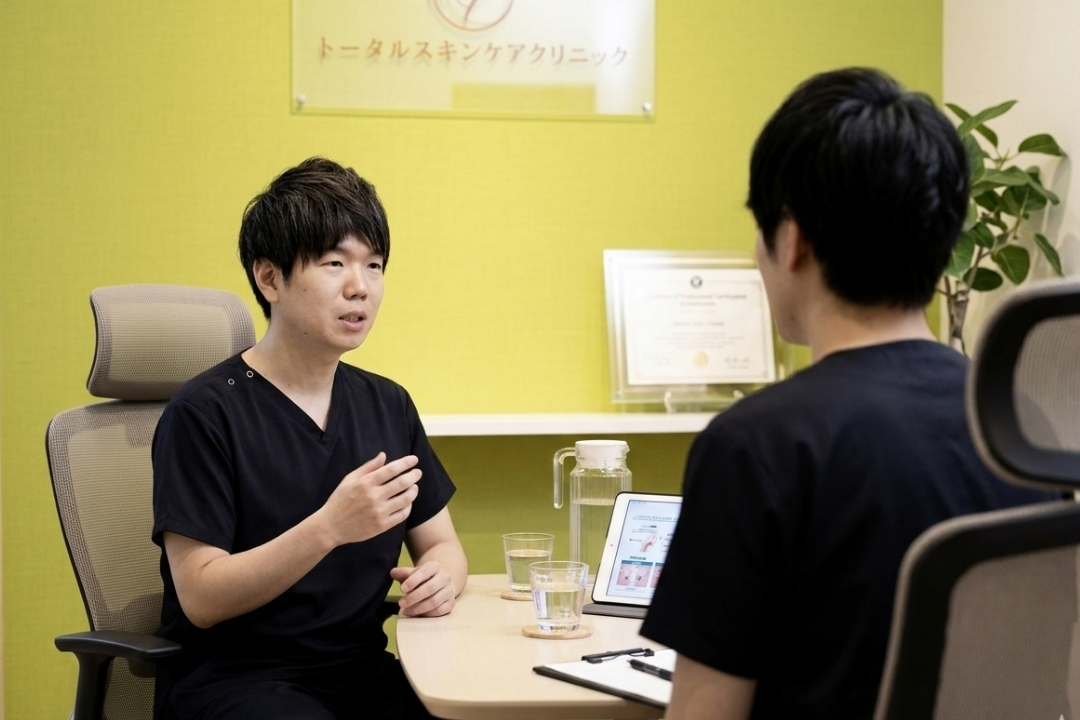 医療法人茜会 理事長／美容皮膚科 トータルスキンクリニック院長（松山院）分山 博文（わけやま ひろふみ）が対談をしている様子のイメージ（トータルスキンクリニック 福岡天神院、松山院）