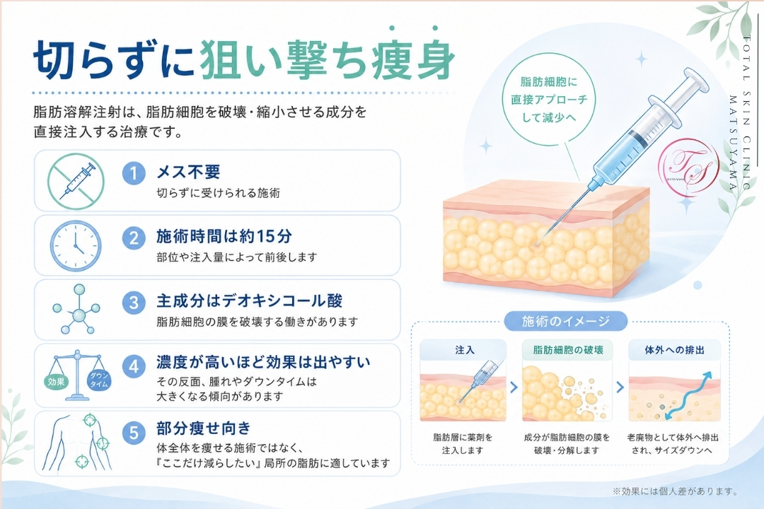 脂肪溶解注射の仕組みと特徴を解説するインフォグラフィック。切らずに狙い撃ち痩身、デオキシコール酸の働き、施術時間、部分痩せへの効果を図解(トータルスキンクリニック 松山院)