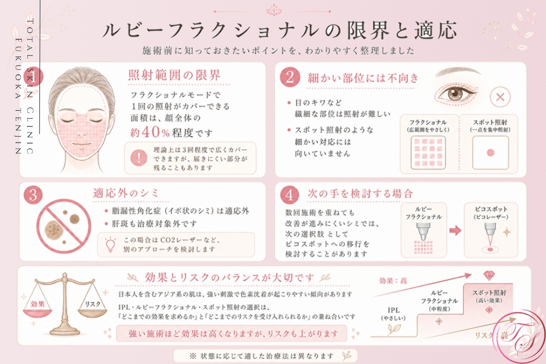 ルビーフラクショナルの照射範囲や適応外のシミ、効果とリスクのバランスを解説した美容クリニック向けインフォグラフィック(トータルスキンクリニック 福岡天神院）