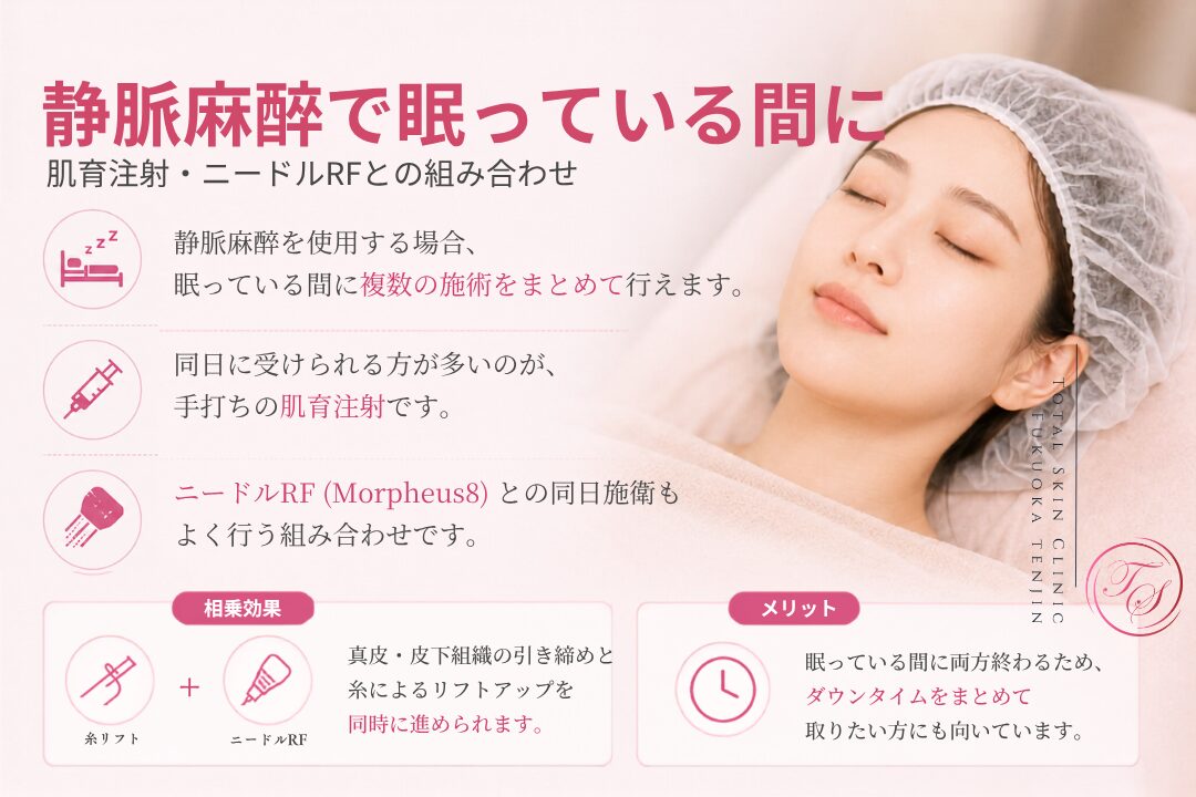 糸リフトと静脈麻酔を組み合わせ、眠っている間に肌育注射やニードルRFを同日に行うことで、真皮・皮下組織の引き締めや肌質ケアをまとめて受けられるトータルスキンクリニック 福岡天神院の美容医療画像。
