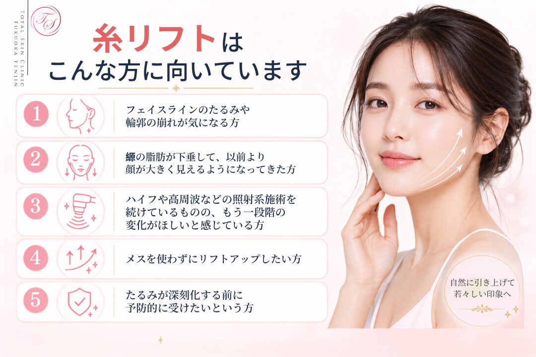 糸リフトがおすすめな方を紹介するトータルスキンクリニック 福岡天神院の美容医療インフォグラフィック。フェイスラインのたるみ、輪郭の崩れ、頬の下垂、照射施術で物足りない方、切らずにリフトアップしたい方、予防的に受けたい方に向いている施術です。
