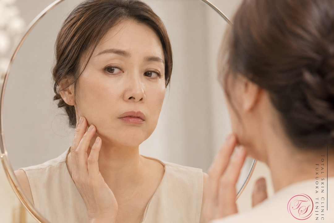 皮膚のたるみが強い方や表情筋の動きが大きい部位、代謝が活発な方では注入治療の効果が出にくい場合があることを、鏡でフェイスラインを確認する女性のイメージで表現した画像。(トータルスキンクリニック 福岡天神院)