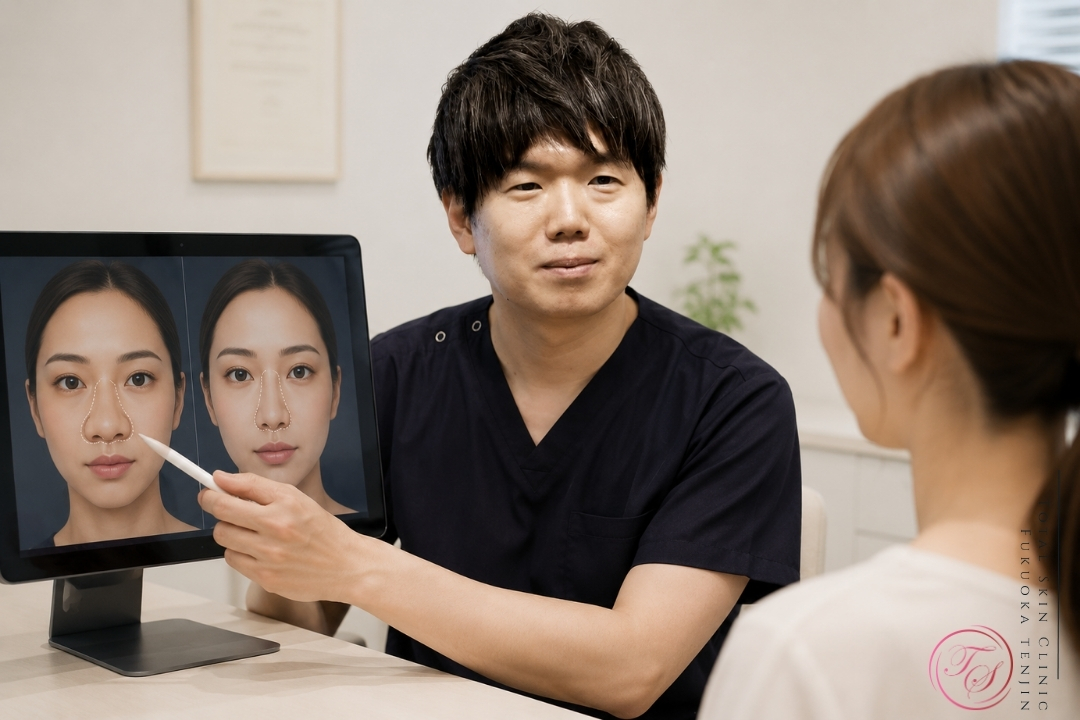 分山医師が女性患者に対し、顔全体のバランスや鼻のヒアルロン酸残存を確認しながら、注入前に溶解が必要なケースについて説明している美容クリニックのカウンセリング画像。(トータルスキンクリニック 福岡天神院)