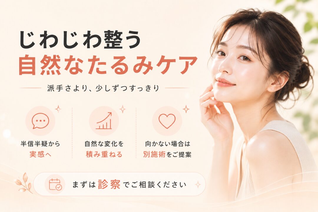 ジャルプロスーパーハイドロによる自然なたるみケアを紹介する美容医療記事用画像｜じわじわ整う自然な変化、たるみへのアプローチ、診察での適応確認を案内｜トータルスキンクリニック 松山院