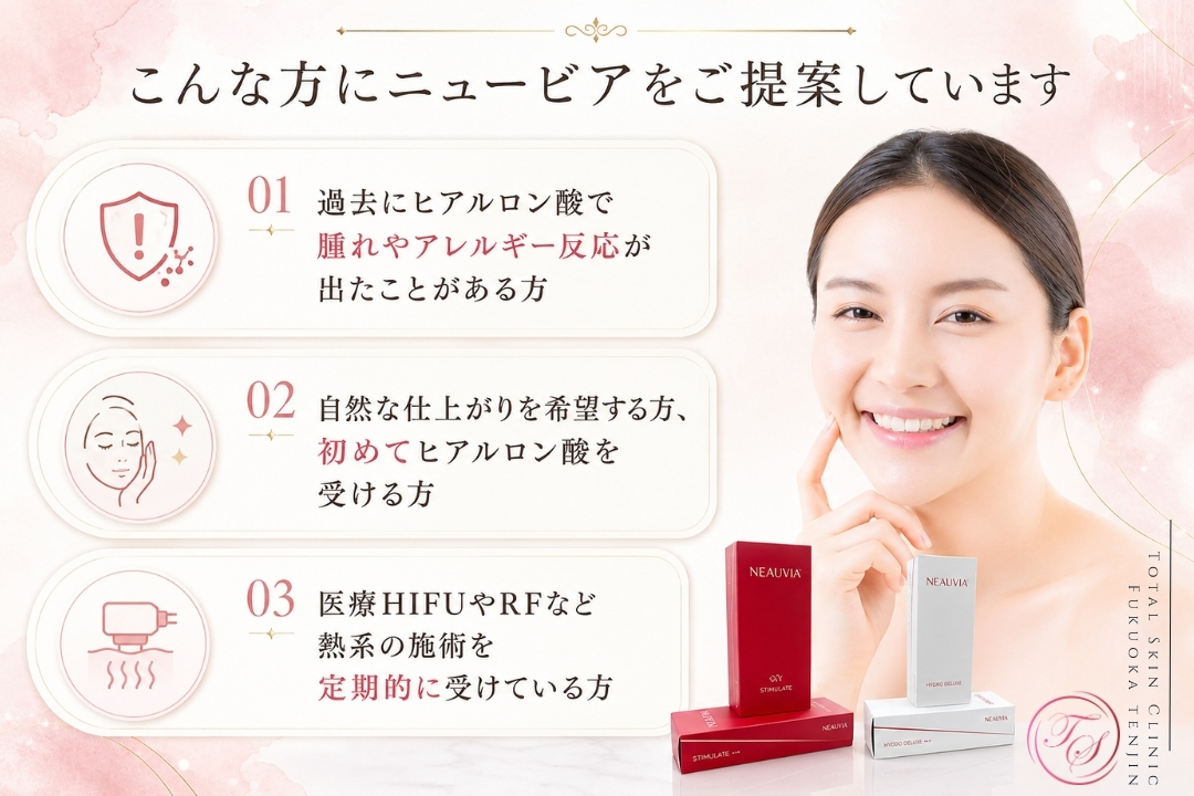 ニュービアをおすすめする方として、ヒアルロン酸で腫れやアレルギー反応が出た経験がある方、自然な仕上がりを希望する方、医療HIFUやRFなど熱系施術を定期的に受けている方を紹介する美容クリニック向け画像。(トータルスキンクリニック 福岡天神院)
