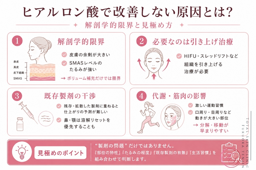 ヒアルロン酸注入で改善しにくい原因として、皮膚の余剰やSMASレベルのたるみ、既存製剤の残存・拡散、代謝や表情筋の影響を整理し、HIFUやスレッドリフトなど引き上げ治療の必要性を解説した美容医療インフォグラフィック画像。(トータルスキンクリニック 福岡天神院)