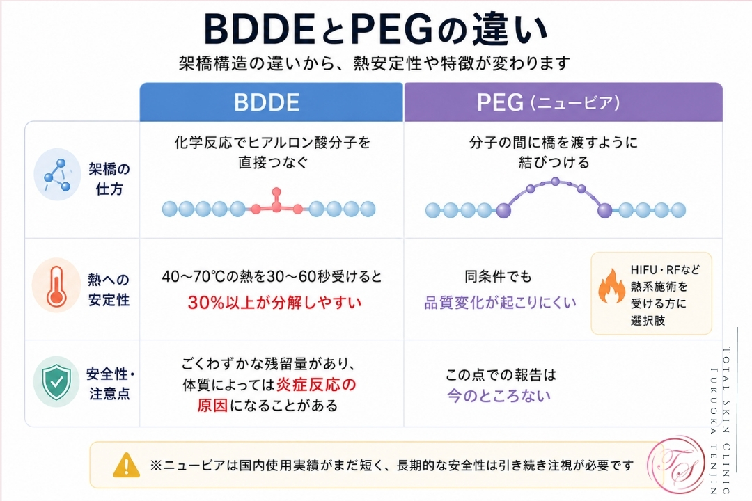 BDDE架橋ヒアルロン酸とPEG架橋ヒアルロン酸の違いを、架橋構造・熱安定性・炎症リスク・ニュービアの特徴から比較した美容医療向けインフォグラフィック画像。(トータルスキンクリニック 福岡天神院)
