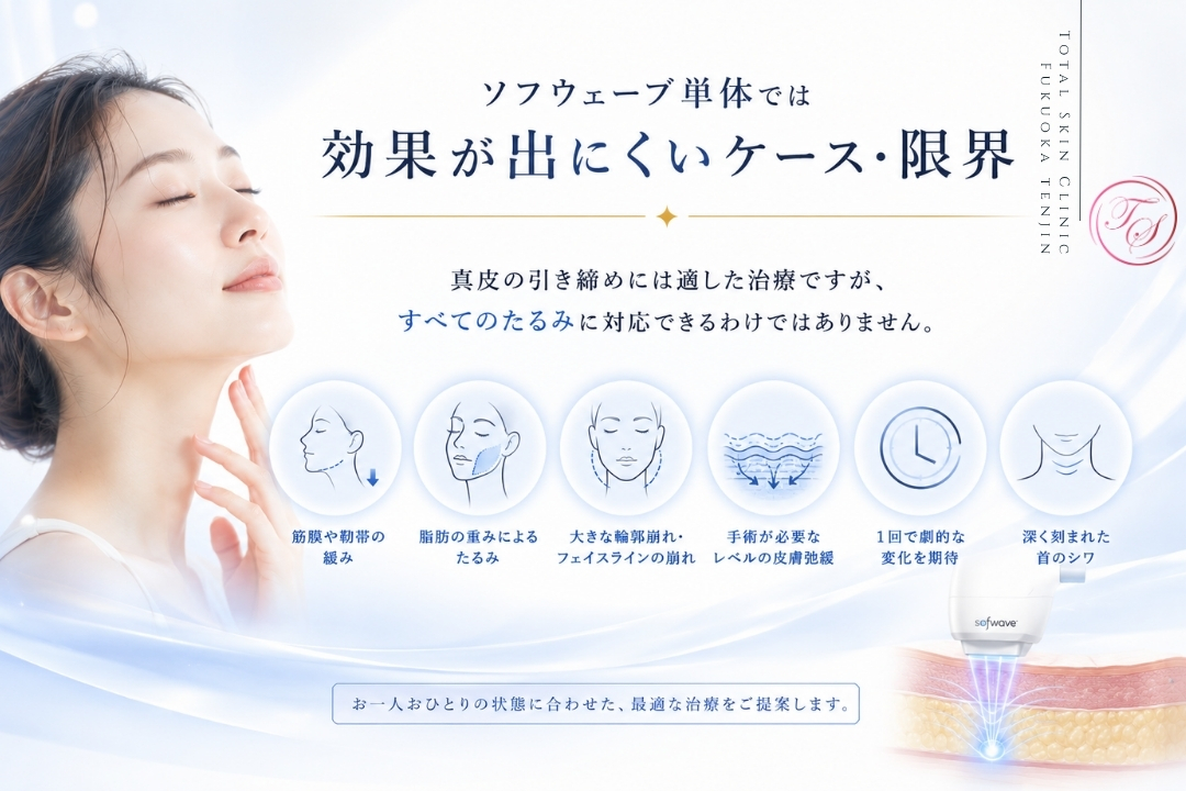 ソフウェーブは真皮の引き締めに適した治療ですが、筋膜や靭帯の緩み、脂肪によるたるみ、大きな輪郭崩れ、重度の皮膚弛緩には単体での効果に限界があり、深い首ジワや劇的な変化を希望する場合も適応の見極めが必要です。(トータルスキンクリニック 福岡天神院)