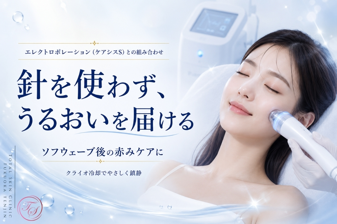 ソフウェーブ後にケアシスSのエレクトロポレーションを組み合わせ、針を使わず美容成分を導入しながら、クライオ冷却で施術後の赤みを穏やかにケアする治療です。(トータルスキンクリニック 福岡天神院)