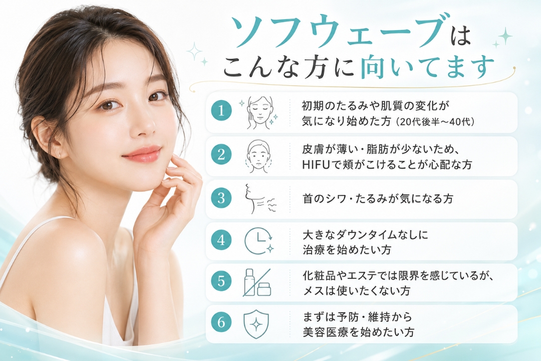 ソフウェーブがおすすめな方を紹介する美容医療のインフォグラフィック。初期のたるみや肌質の変化、首のシワ、HIFUによる頬こけ、ダウンタイムが気になる方など6つの対象を解説(トータルスキンクリニック 福岡天神院)