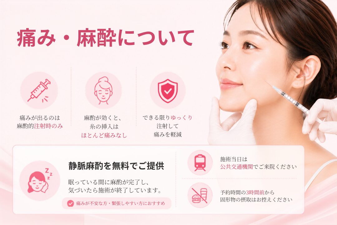 糸リフトの痛みと麻酔について、局所麻酔で施術を行い、痛みや緊張への不安が強い方には無料の静脈麻酔にも対応するトータルスキンクリニック 福岡天神院の美容医療画像。