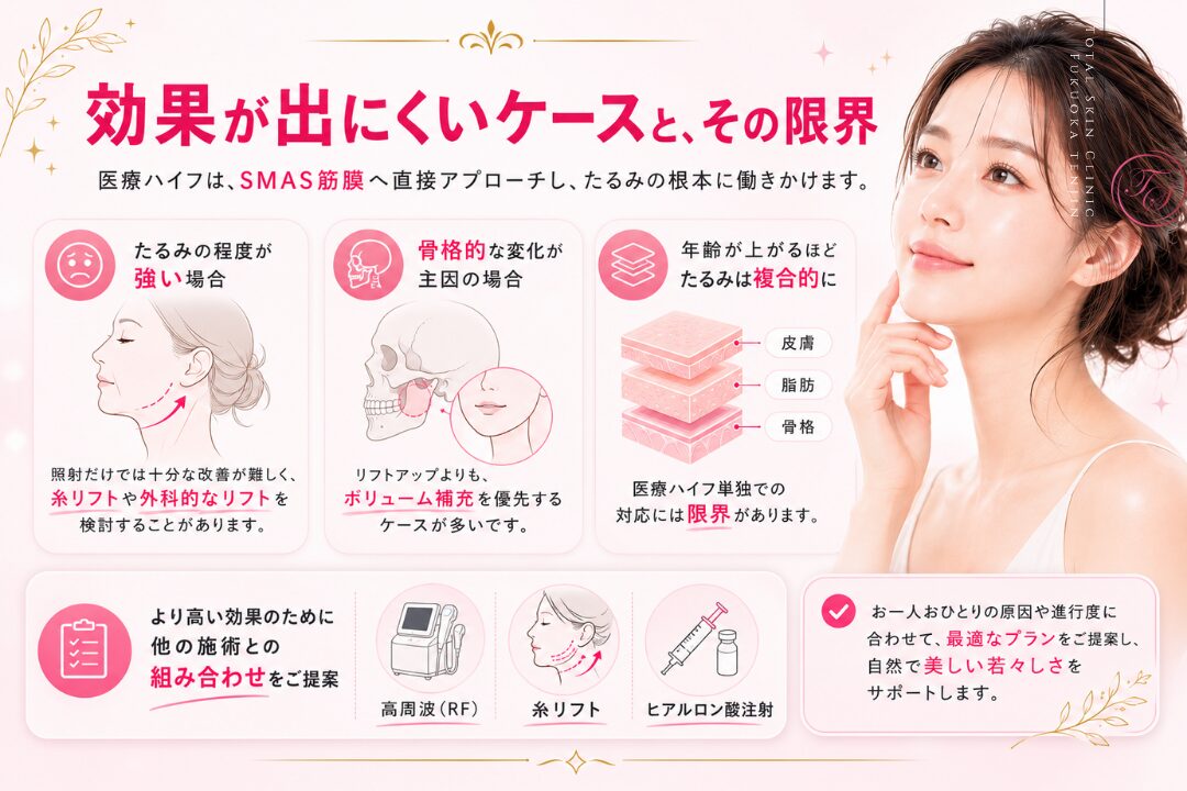 医療ハイフの効果が出にくいケースとして、強いたるみ、骨格的なボリュームロス、皮膚・脂肪・骨格が複合的に影響する場合を示し、高周波・糸リフト・ヒアルロン酸注射との組み合わせを提案するトータルスキンクリニック 福岡天神院の美容医療画像。