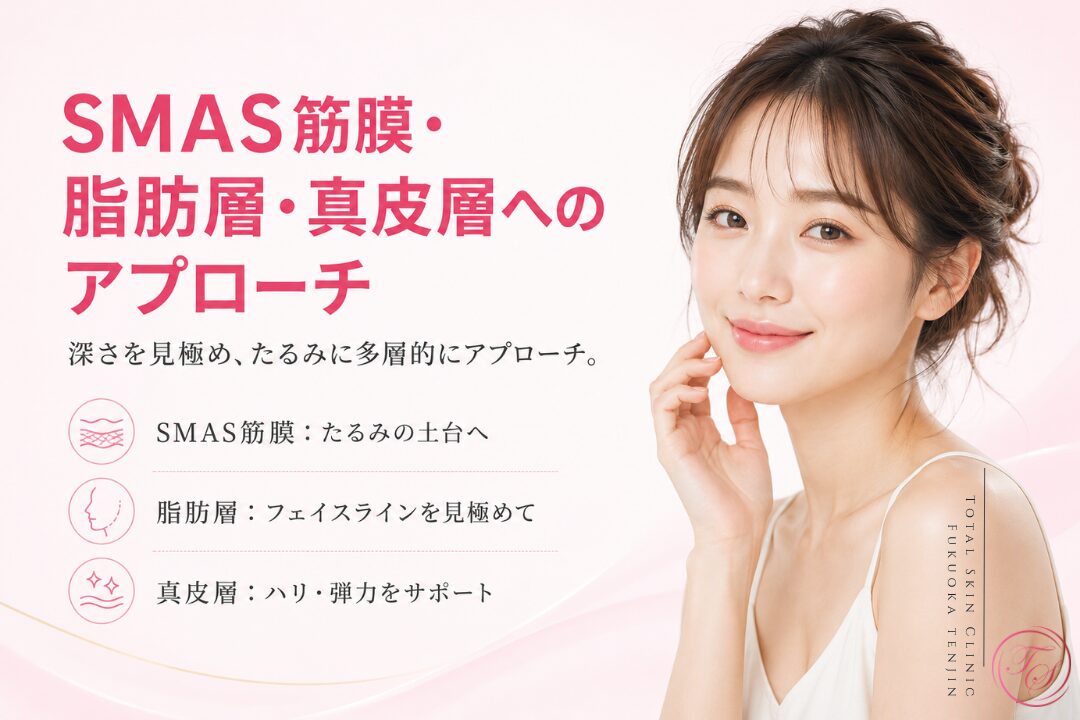 医療ハイフがSMAS筋膜・脂肪層・真皮層へ段階的にアプローチし、たるみケアやフェイスラインの引き締め、ハリ・弾力のサポートを目指すことを伝える美容医療ビジュアル。|トータルスキンクリニック福岡天神院