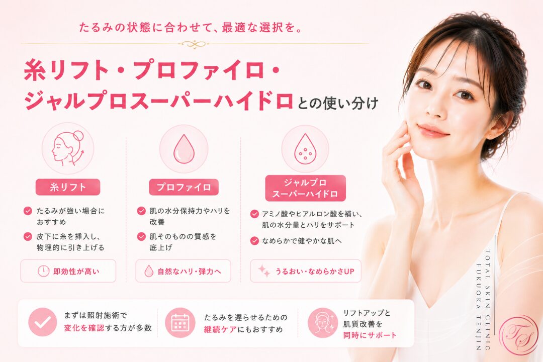 医療ハイフ・糸リフト・プロファイロ・ジャルプロスーパーハイドロを、たるみの強さや肌質に応じて使い分け、輪郭の引き上げと肌のハリ・水分保持力の改善を目指す美容医療施術。