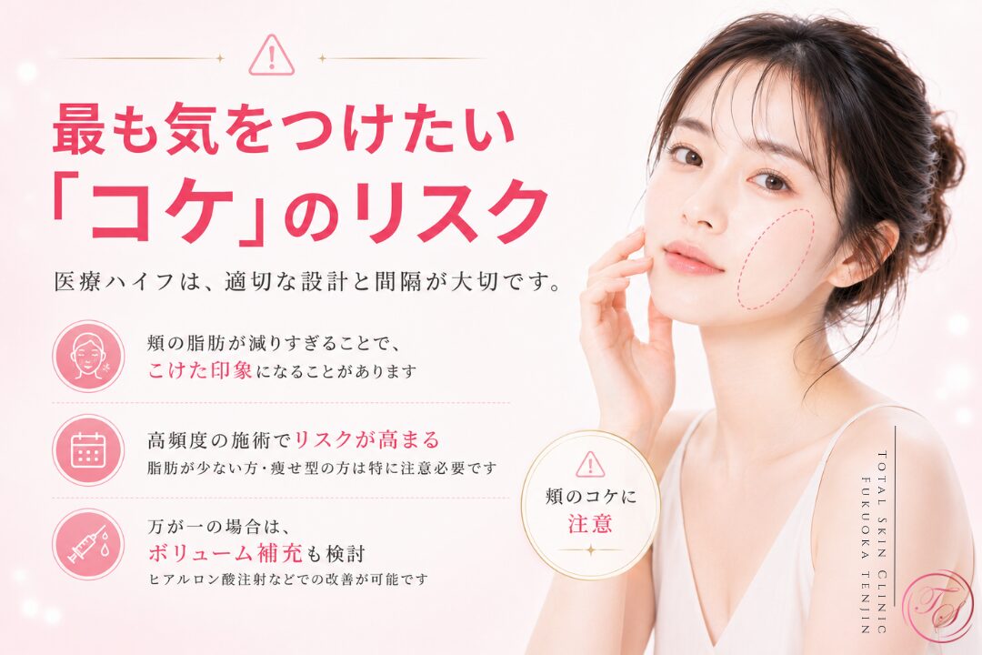 医療ハイフで注意したい頬のコケについて、脂肪量や顔立ちに応じた照射調整の重要性と、痩せ型・頬の脂肪が少ない方に生じやすいリスクを伝える美容医療ビジュアル。|トータルスキンクリニック福岡天神院