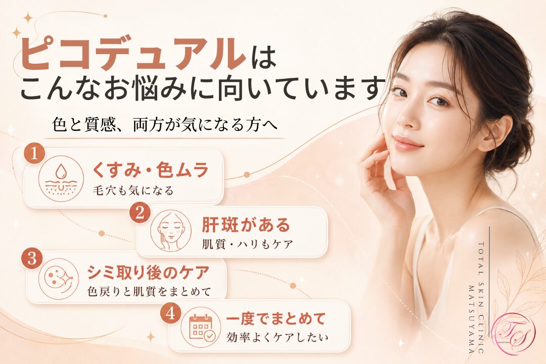 ピコデュアルが向いているお悩みを紹介する美容医療記事用画像|くすみ・色ムラ、毛穴、肝斑、肌質やハリを一度にケアしたい方におすすめの施術| トータルスキンクリニック松山院