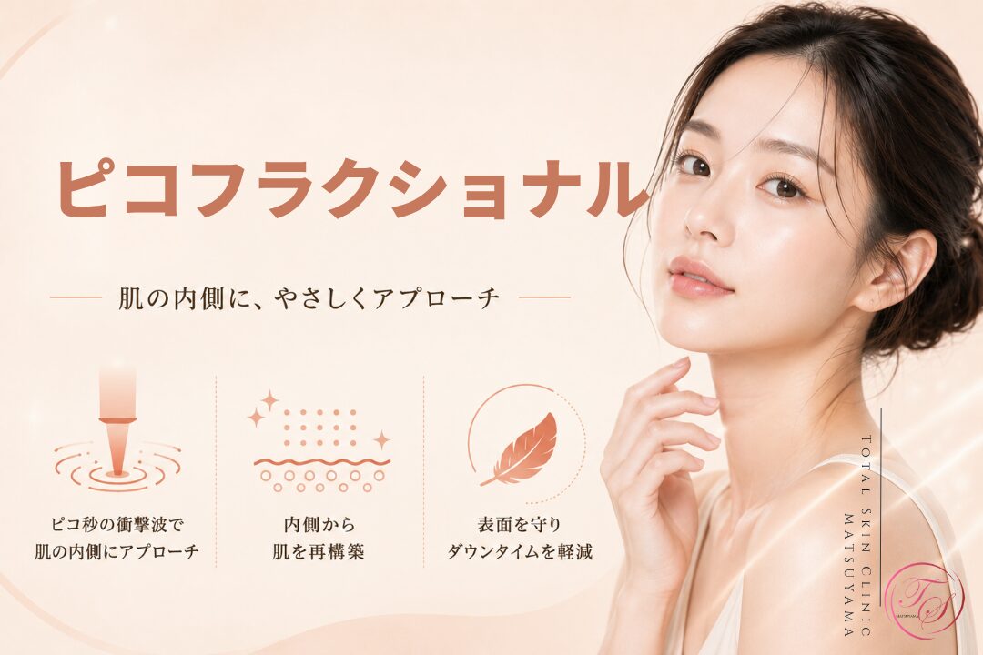 ピコフラクショナルの仕組みと特徴を紹介する美容医療記事用画像|ピコ秒レーザーの衝撃波で肌内部へ微細な刺激を与え、表面への負担を抑えながら毛穴や肌の凹凸、質感の改善を目指す施術を表現|トータルスキンクリニック 松山院