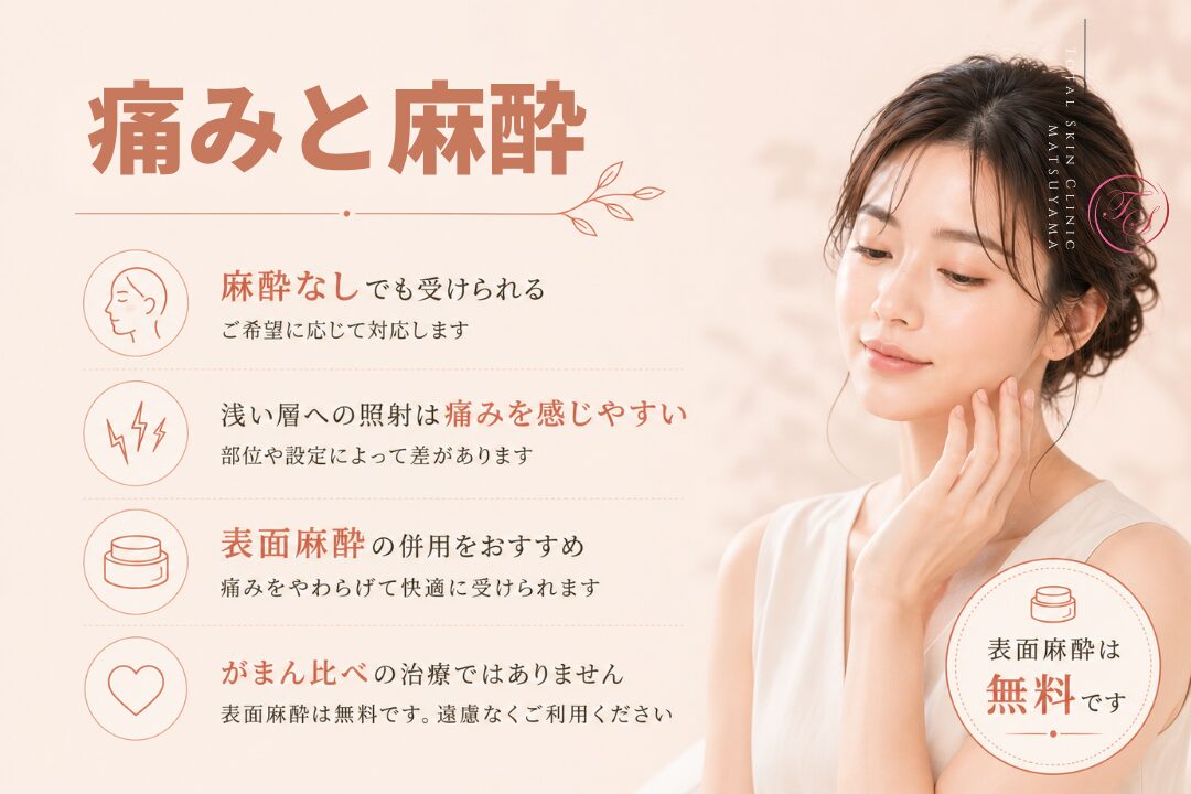 ピコフラクショナル施術時の痛みと麻酔について紹介する美容医療記事用画像|浅い層への照射では痛みを感じる場合があるため、無理に我慢せず無料の表面麻酔を併用できることを案内|トータルスキンクリニック 松山院