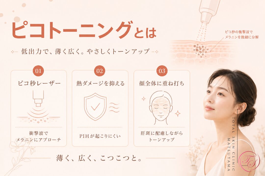 ピコトーニングとは何かを解説する美容医療記事用画像｜ピコ秒レーザーの衝撃波でメラニンにアプローチし、熱ダメージや炎症後色素沈着を抑えながら顔全体のトーンを上げていきます。｜トータルスキンクリニック松山院