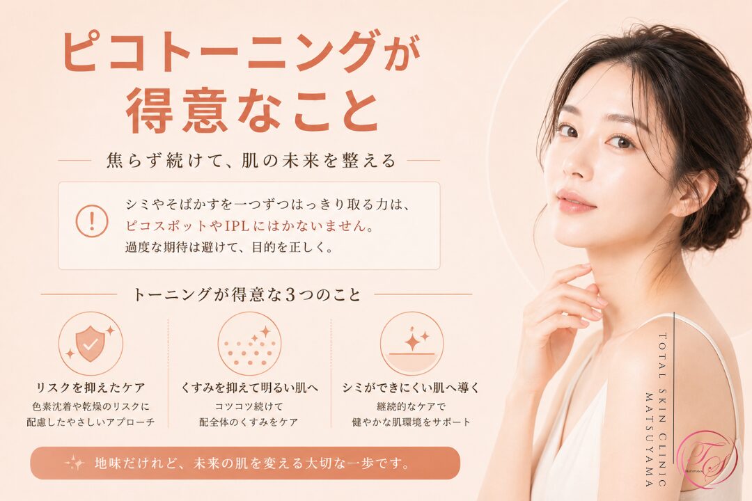 ピコトーニングが得意とする継続的な肌管理を紹介する美容医療記事用画像｜色素沈着や乾燥のリスクに配慮しながら肌全体のくすみを整え、新しいシミができにくい状態を保つ治療の特徴を表現｜トータルスキンクリニック 松山院