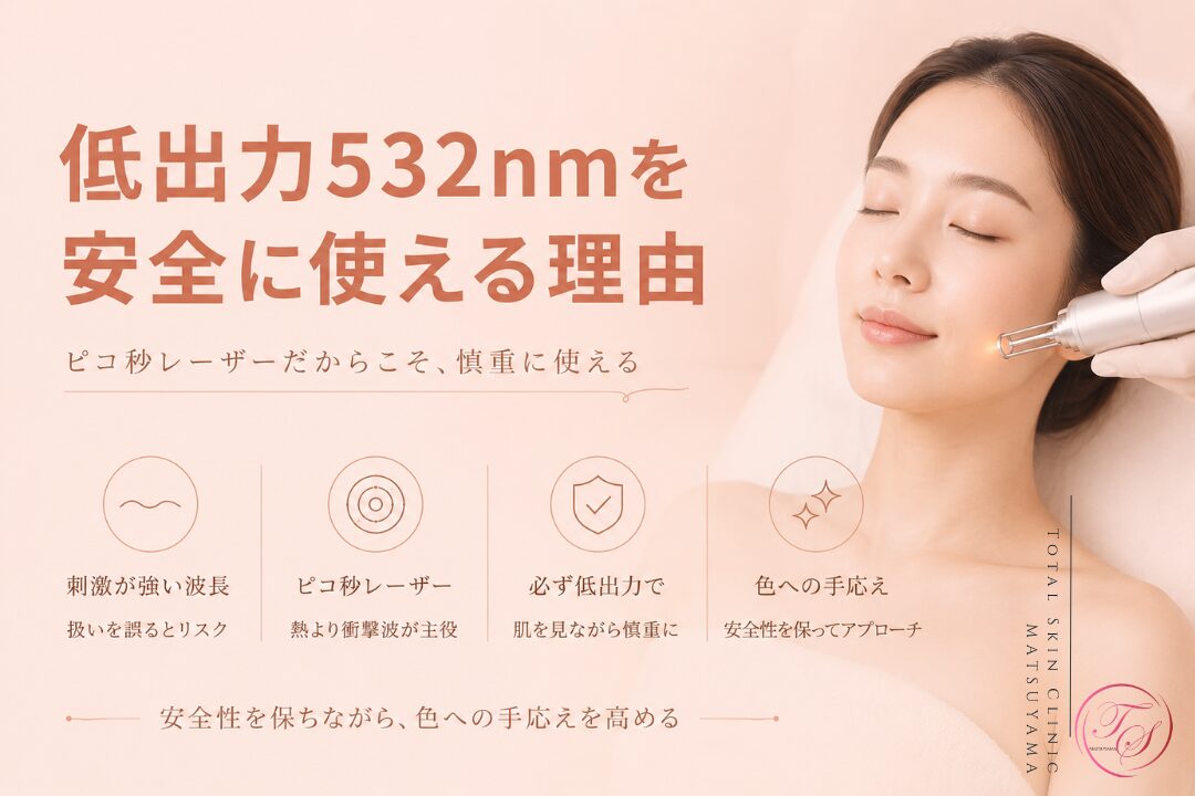 低出力532nmをピコ秒レーザーで安全に使う理由を紹介する美容医療記事用画像｜熱ではなく衝撃波を利用し、肌状態を確認しながら低出力で慎重に照射して肌を見ながら慎重に使います。｜トータルスキンクリニック松山院