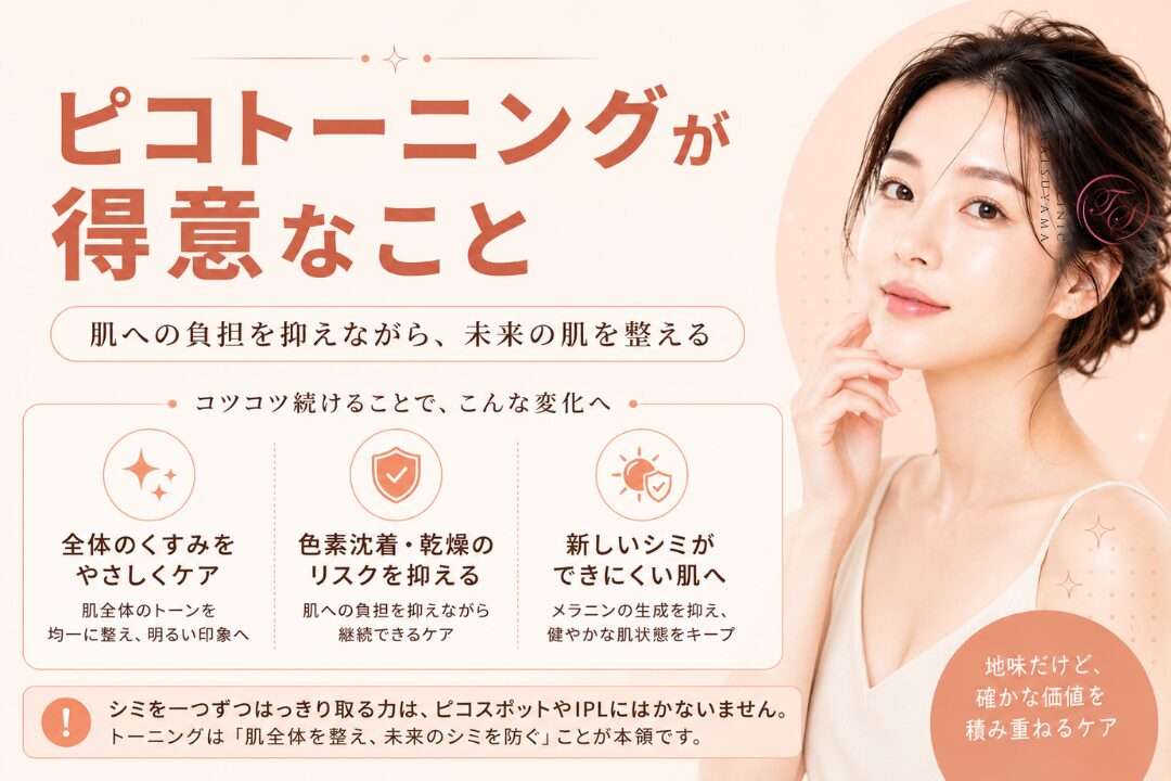 ピコトーニングが得意とする肌全体のくすみケア、色素沈着や乾燥リスクに配慮した継続治療、新しいシミができにくい肌状態の維持をアイコン付きで紹介する美容医療画像｜トータルスキンクリニック松山院