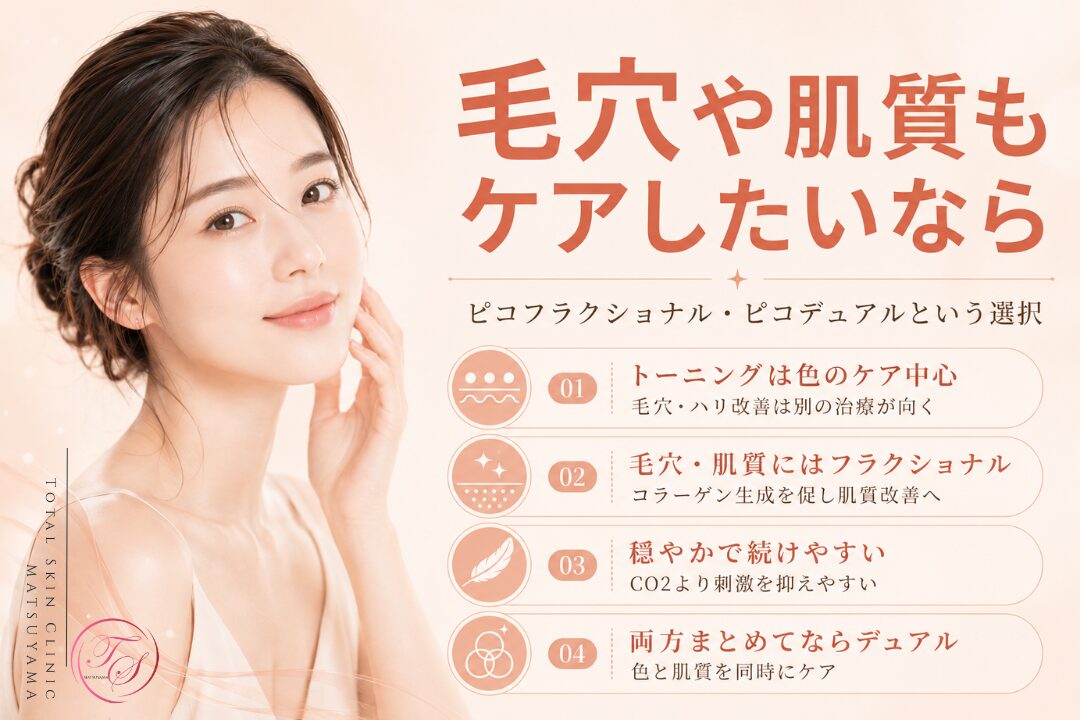 毛穴や肌質、ハリをケアしたい方に向けて、ピコフラクショナルによるコラーゲン生成と毛穴引き締め、色味も同時に整えるピコデュアルの特徴を紹介する美容医療記事用画像｜トータルスキンクリニック松山院