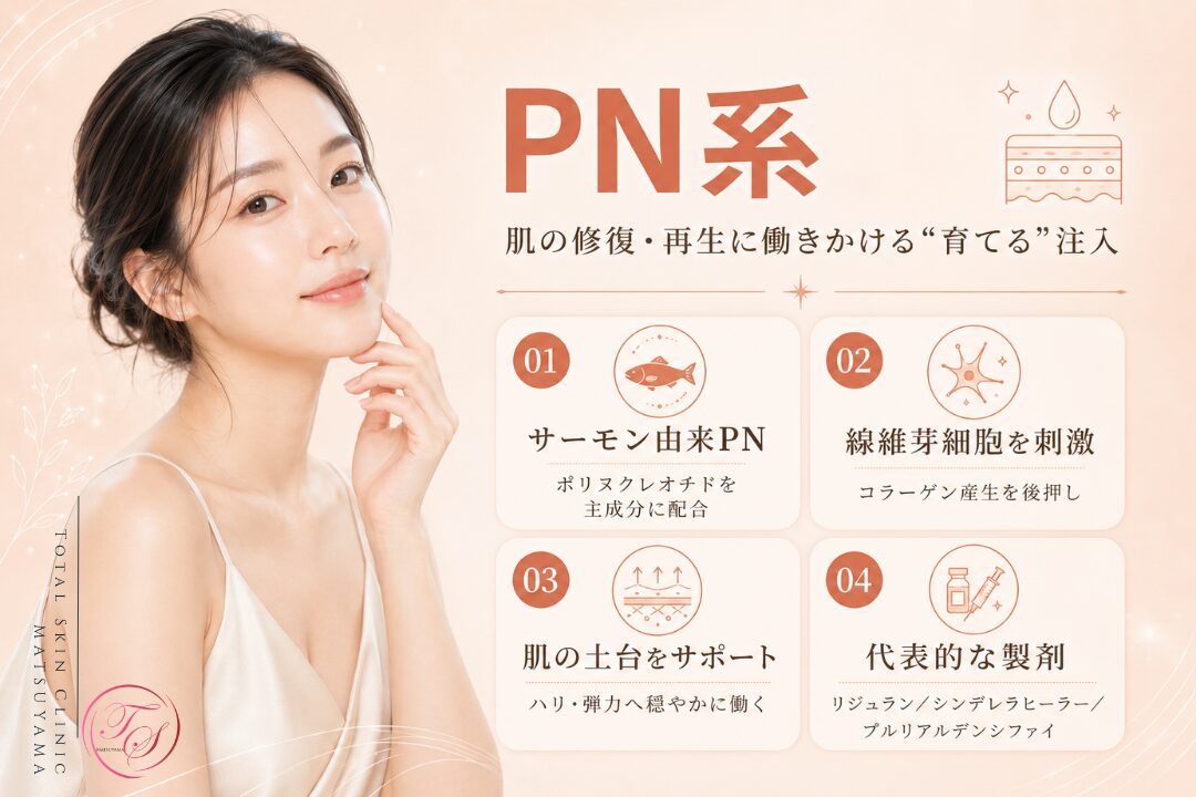 PN系スキンブースターの特徴を紹介する美容医療記事用画像|サーモン由来PNによる肌の修復・再生へのアプローチや、線維芽細胞への働きかけ、ハリ・弾力を支える代表的な製剤|トータルスキンクリニック 松山院