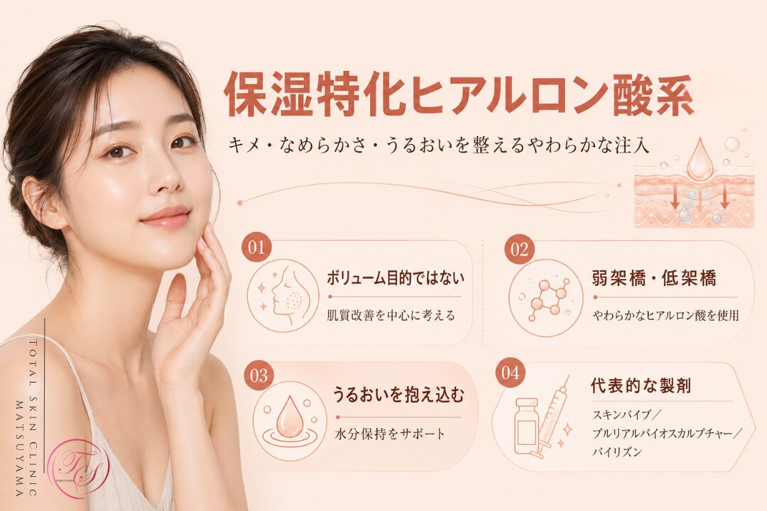 保湿特化ヒアルロン酸系スキンブースターの特徴を紹介する美容医療記事用画像|弱架橋・低架橋のやわらかなヒアルロン酸で、肌のキメ・なめらかさ・うるおい不足へアプローチ|トータルスキンクリニック 松山院