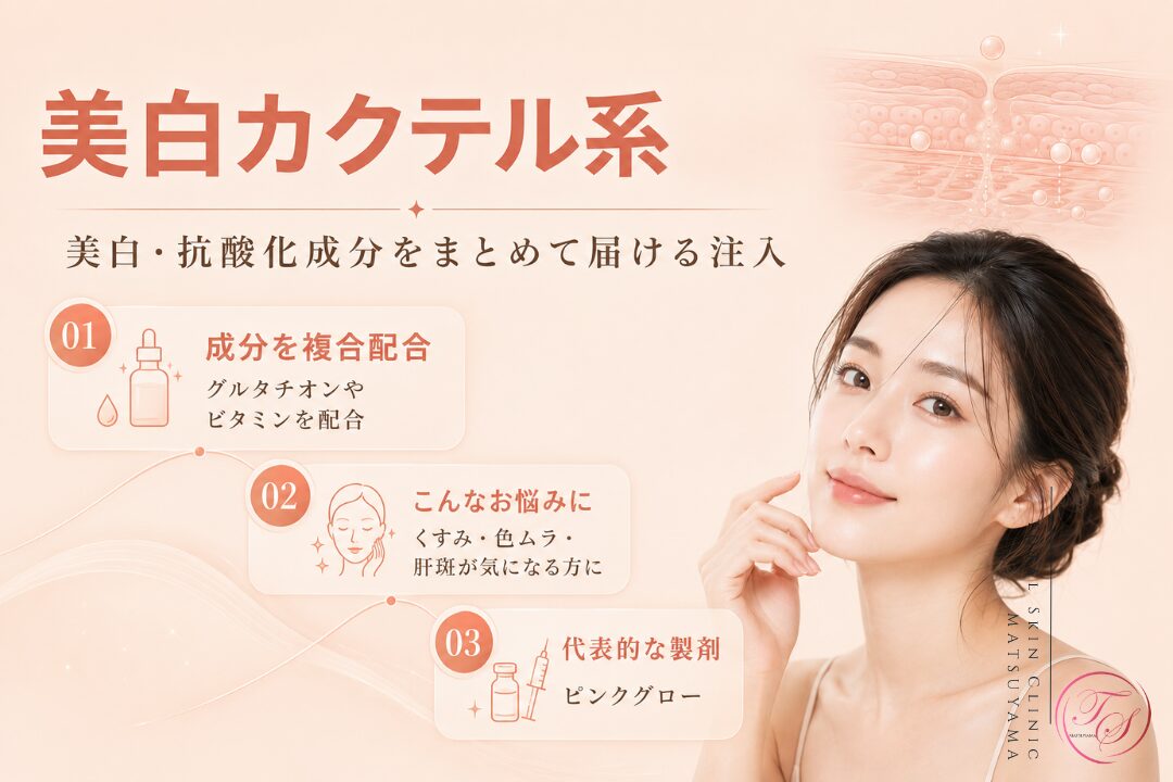 美白カクテル系スキンブースターの特徴を紹介する美容医療記事用画像|グルタチオンやビタミンなどの美白・抗酸化成分をまとめて届け、くすみ・色ムラ・肝斑が気になる方へのアプローチを解説|トータルスキンクリニック 松山院