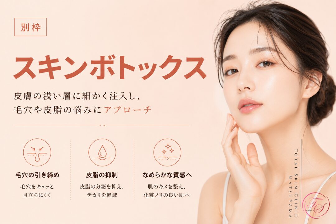 スキンボトックスの特徴を紹介する美容医療記事用画像|ボツリヌストキシンを皮膚の浅い層へ細かく注入し、毛穴の目立ちや皮脂によるテカリにアプローチする施術を解説|トータルスキンクリニック 松山院
