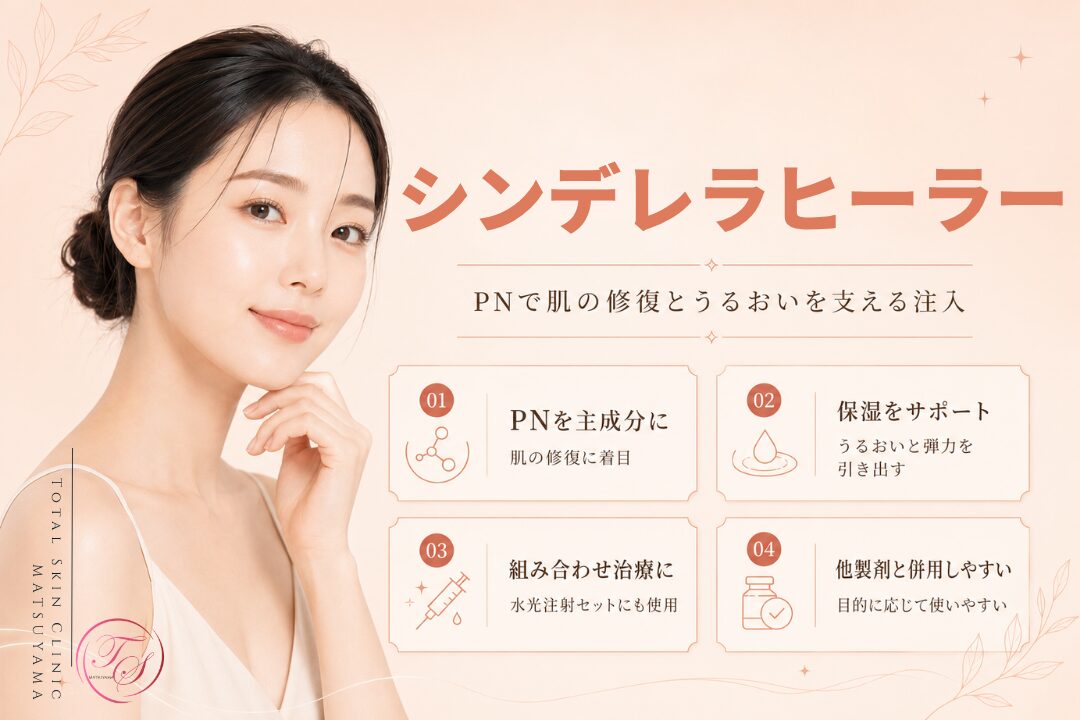シンデレラヒーラーの特徴を紹介する美容医療記事用画像|PNを主成分として肌の修復と保湿に働きかけ、うるおいと弾力を整えながら水光注射や他製剤との組み合わせにも用いられる施術を解説|トータルスキンクリニック 松山院