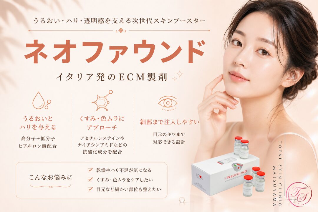 ネオファウンドの特徴を紹介する美容医療記事用画像|高分子・低分子ヒアルロン酸とアミノ酸、抗酸化成分を組み合わせ、うるおい・ハリ不足やくすみ・色ムラ、目元など細かな部位の肌悩みへアプローチ|トータルスキンクリニック 松山院