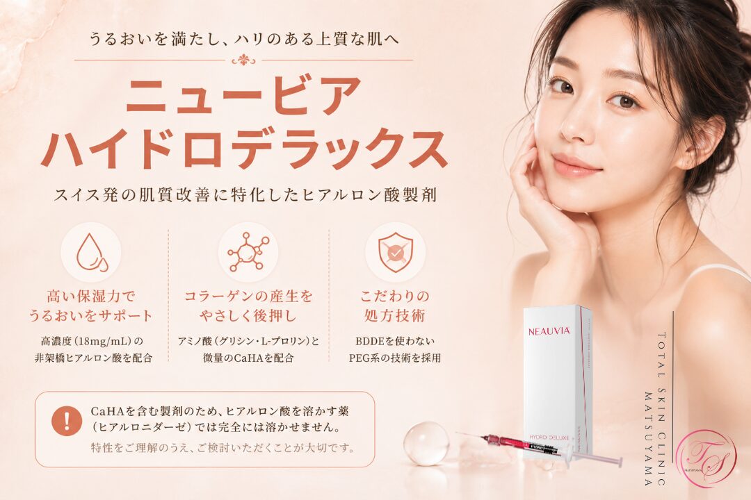 ニュービアハイドロデラックスの特徴を紹介する美容医療記事用画像|高濃度の非架橋ヒアルロン酸とアミノ酸、微量のCaHAにより、乾燥やハリ不足へアプローチする肌質改善製剤を解説|トータルスキンクリニック 松山院