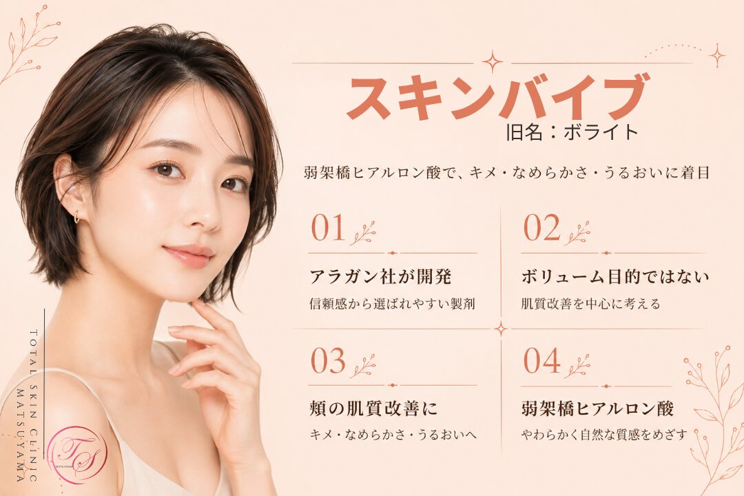 スキンバイブ(旧名:ボライト)の特徴を紹介する美容医療記事用画像|弱架橋ヒアルロン酸で頬を中心にキメ・なめらかさ・うるおいを整え、肌質改善を目指す施術を解説|トータルスキンクリニック 松山院